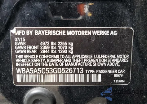 2016 BMW 528 I z USA, uszkodzony, nr VIN WBA5A5C53GD526713